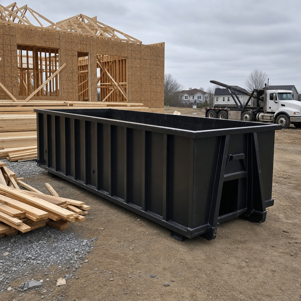 Matte-black 40-yard roll-off dumpster staged on a framed-out residential construction site in Ocala, framing lumber stacked nearby, hooklift delivery truck visible in the background under bright Colorado daylight