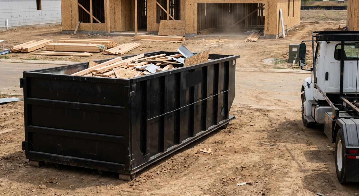 Matte-black 20-yard roll-off construction dumpster with heavy ribbed steel sidewalls and swing rear doors at a working jobsite in Ocala, sitting directly on compacted dirt with an unmarked white hauler partially visible at the far edge of the frame.