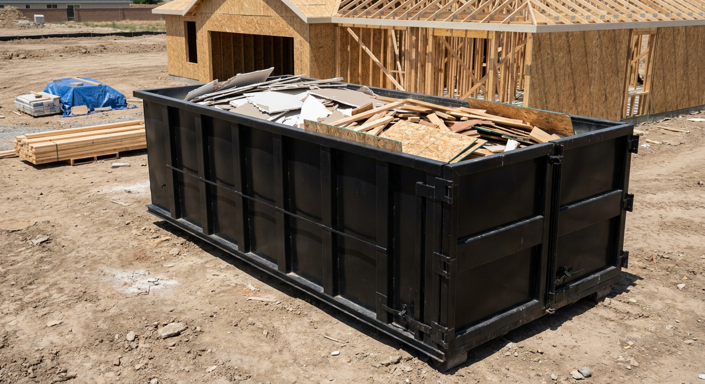 Matte-black 30-yard roll-off construction dumpster sitting directly on the compacted-dirt site of a framed single-family home build in Ocala, drywall and lumber scrap loaded inside.