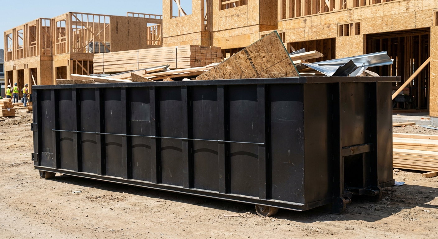 Matte-black 40-yard roll-off construction dumpster being lowered from a white-cab hooklift delivery truck onto the compacted-dirt jobsite at a commercial build site in Ocala