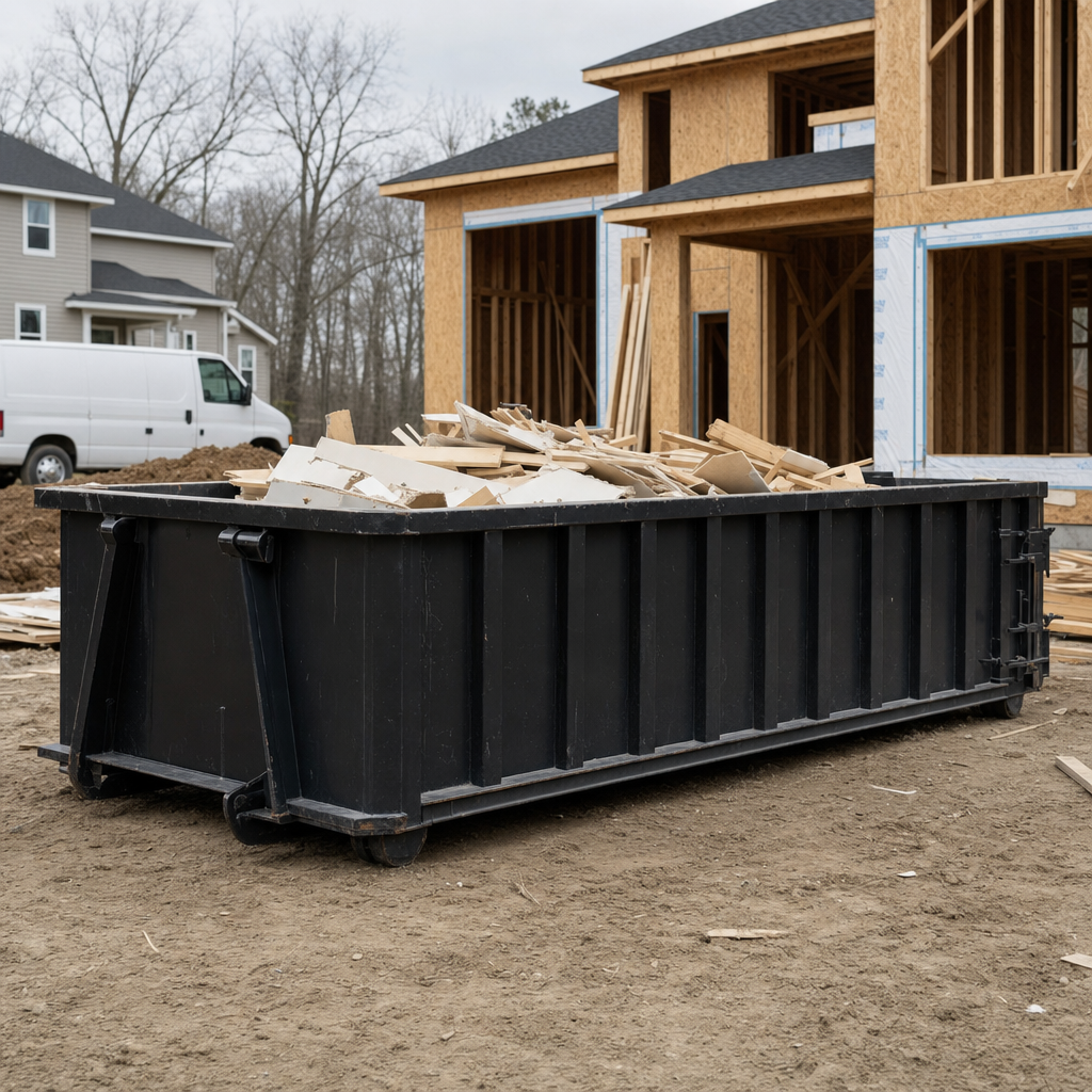 Worker in a yellow high-visibility vest tossing framing lumber and broken drywall into a matte-black 30-yard construction roll-off dumpster on an active build site in Ocala, bright daylight