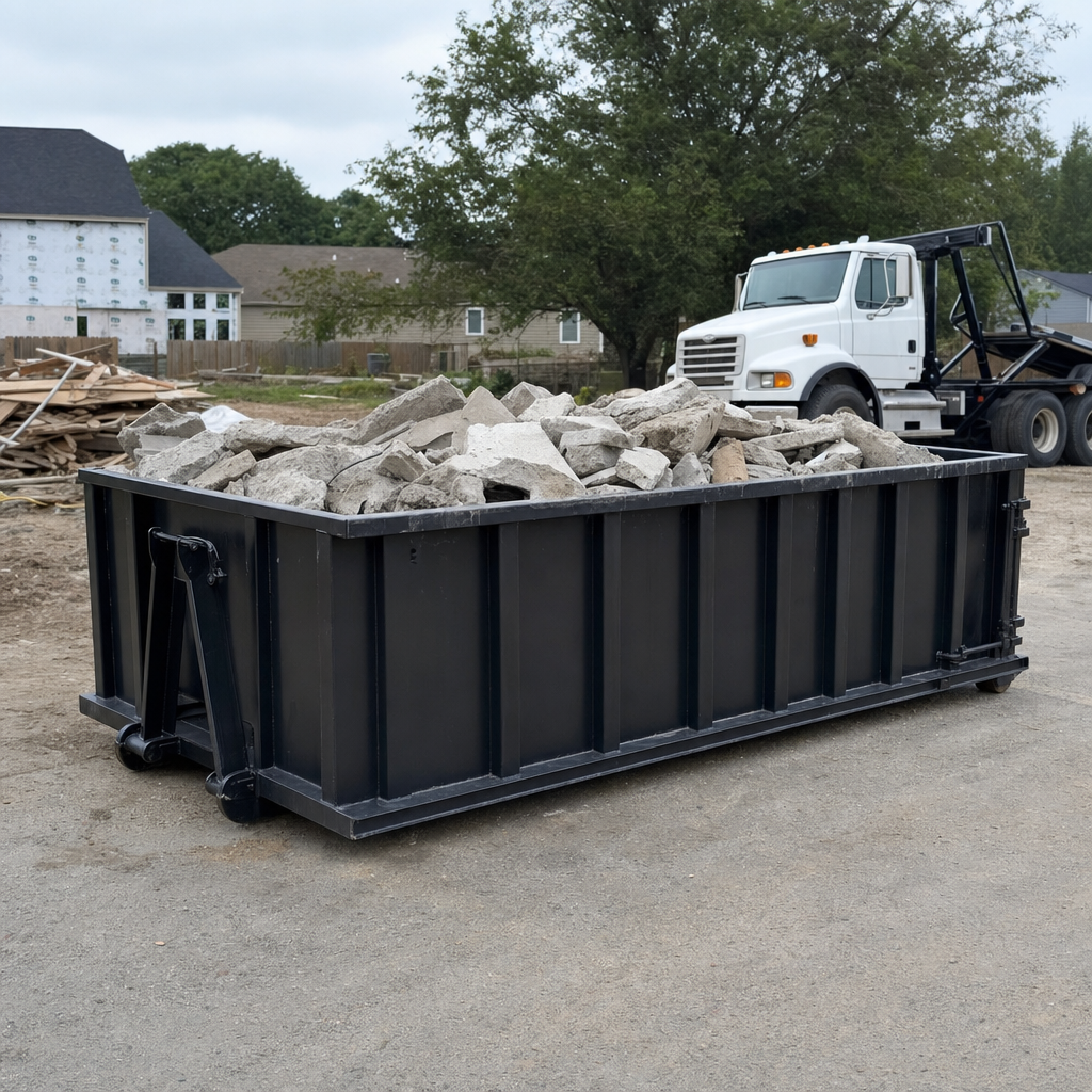 Low-profile matte-black lowboy roll-off dumpster loaded with broken concrete slab and rebar at a foundation tear-out in Ocala, skid steer parked beside it, sunny Colorado morning