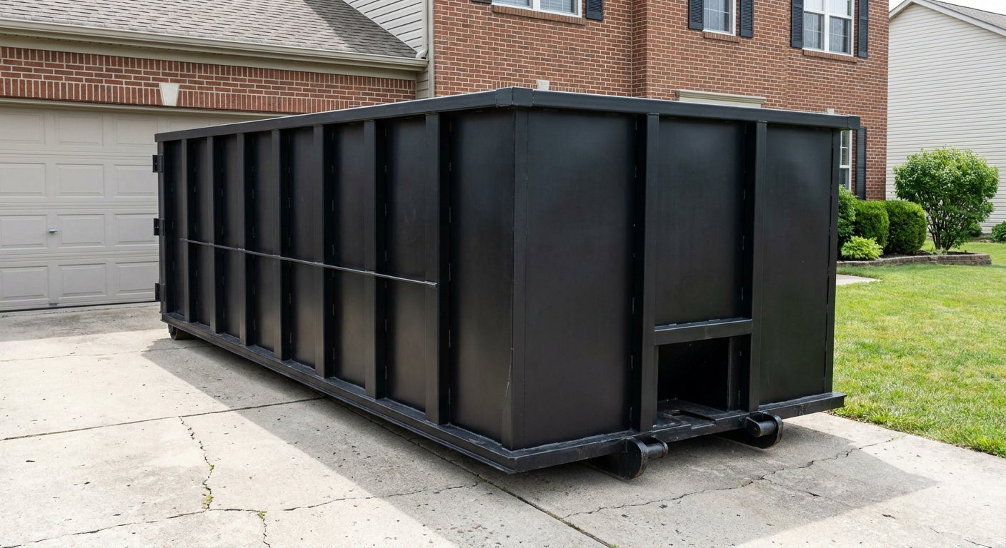 Matte-black 20-yard roll-off container on a Ocala residential concrete driveway with reinforced ribbed steel sidewalls and a hinged rear walk-in door, clean bright daylight.