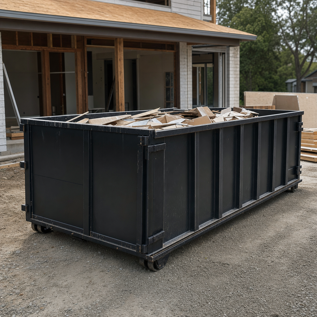 Large matte-black 30-yard construction roll-off dumpster at an active Ocala jobsite, steel-gray top rails and bottom rollers visible, loaded with construction debris.