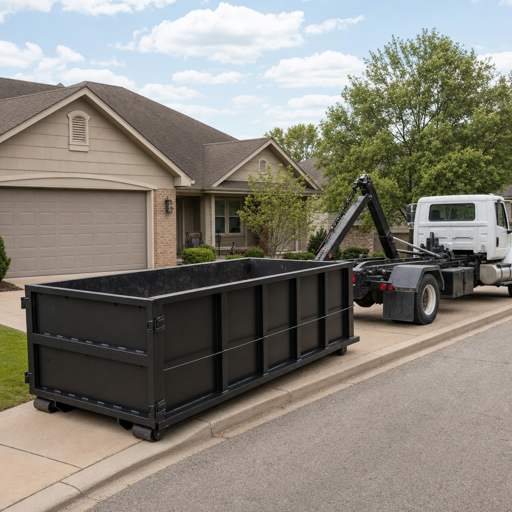 Wide documentary shot of a matte-black roll-off dumpster on a Ocala residential driveway in the foreground and a contractor jobsite container in the soft-focus background, bright daylight, calm and orderly composition.