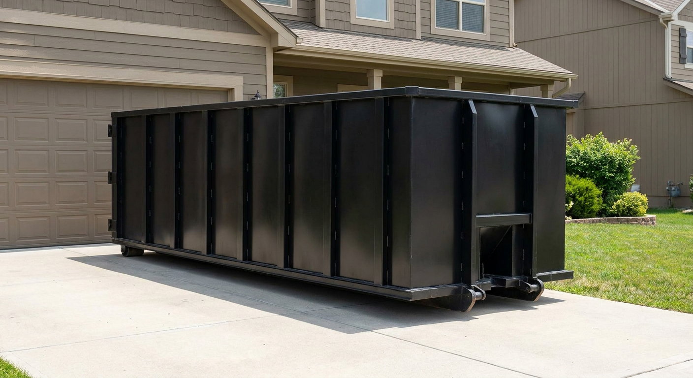 Matte-black residential roll-off dumpster sitting directly on a suburban Ocala concrete driveway, garage door closed, single-family home in background, bright morning daylight.