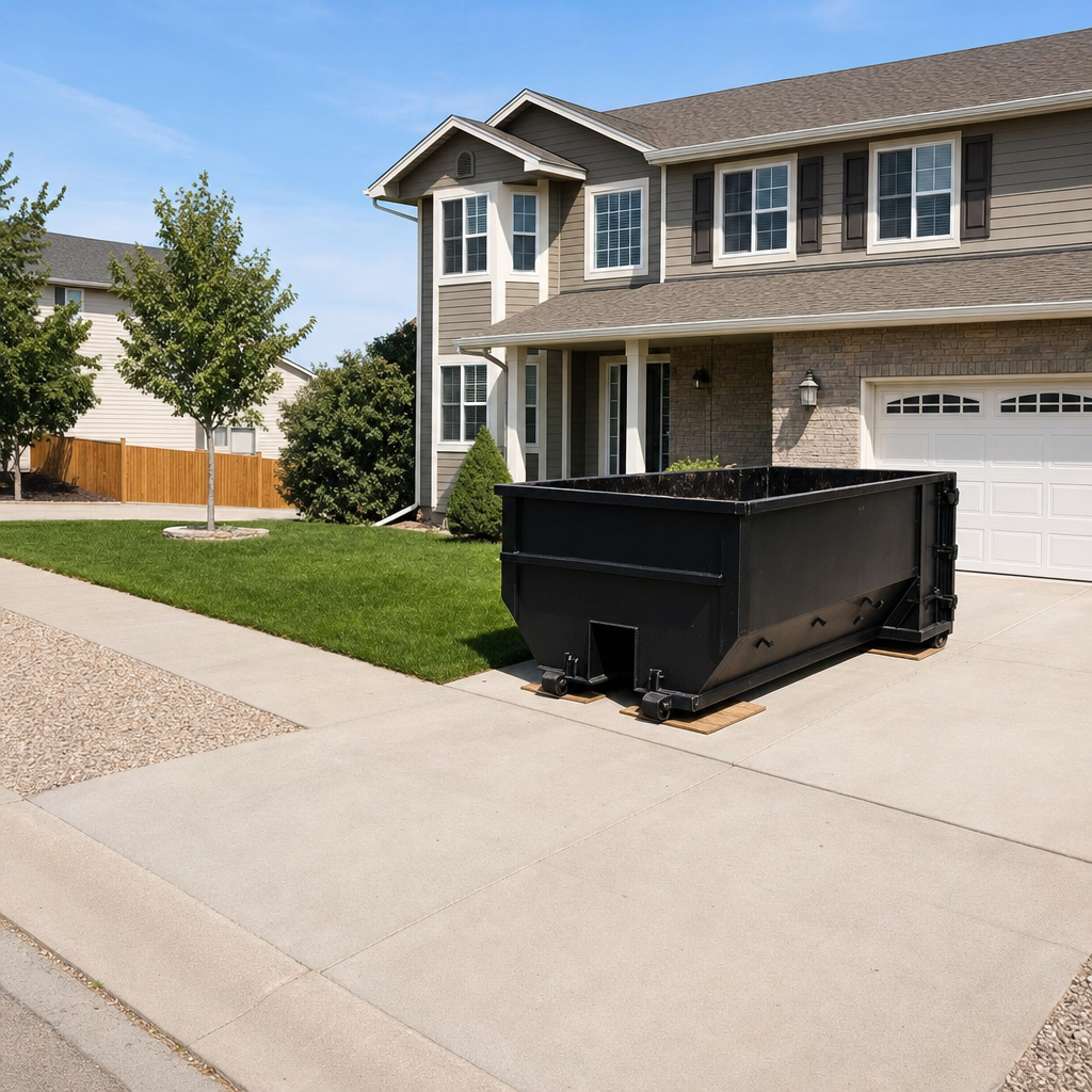 10-yard matte-black residential dumpster placed directly on a narrow Ocala concrete driveway, room remains for a parked sedan beside it, mid-morning natural light