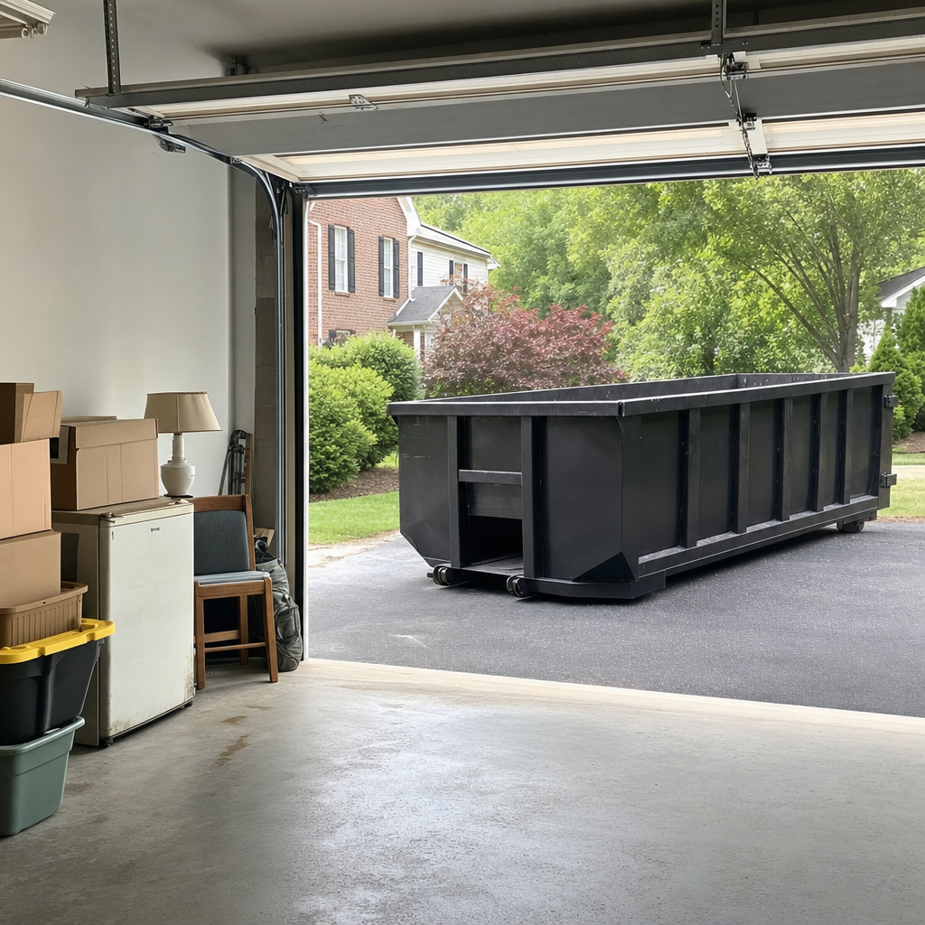 Open garage interior in a Ocala home mid-cleanout — boxed items, an old appliance, and stacked yard tools queued near the driveway for a matte-black roll-off dumpster, organized and calm