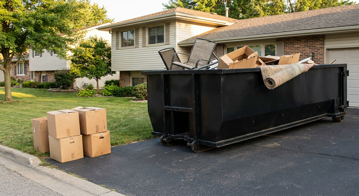 Front-yard view of a Ocala split-level home with a 20-yard matte-black roll-off dumpster sitting directly on the asphalt driveway, a few clearly labeled donation boxes staged at the curb, calm sunny afternoon.