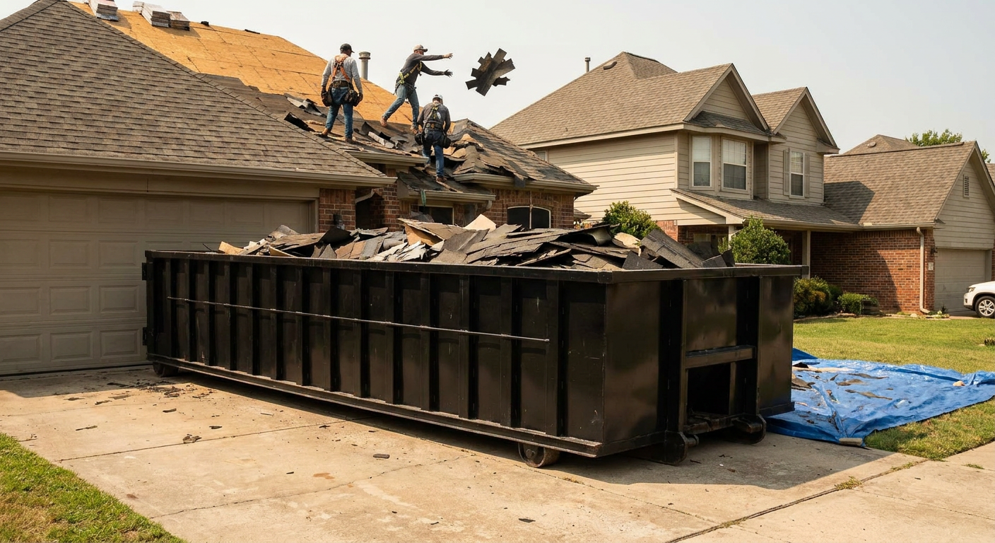 Matte-black roofing roll-off dumpster placed directly on a Ocala residential concrete driveway, a tear-off crew on a two-story asphalt-shingle roof tossing shingle bundles into the low-walled container, bright daylight, documentary 35mm perspective.