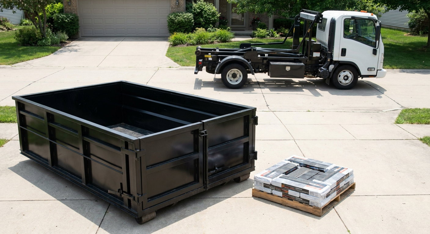 Matte-black 15-yard roofing roll-off dumpster with reinforced low side walls sitting directly on a Ocala residential concrete driveway, three-tab asphalt shingle bundles stacked nearby, an unmarked white hauler truck partially visible at the edge of the frame.