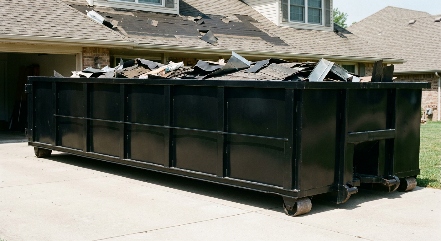 Matte-black 20-yard roofing roll-off dumpster with steel ribbed sides and swinging rear door, sitting directly on the concrete driveway of a two-story Ocala home, asphalt shingle debris being loaded over the low wall, clean documentary lighting.
