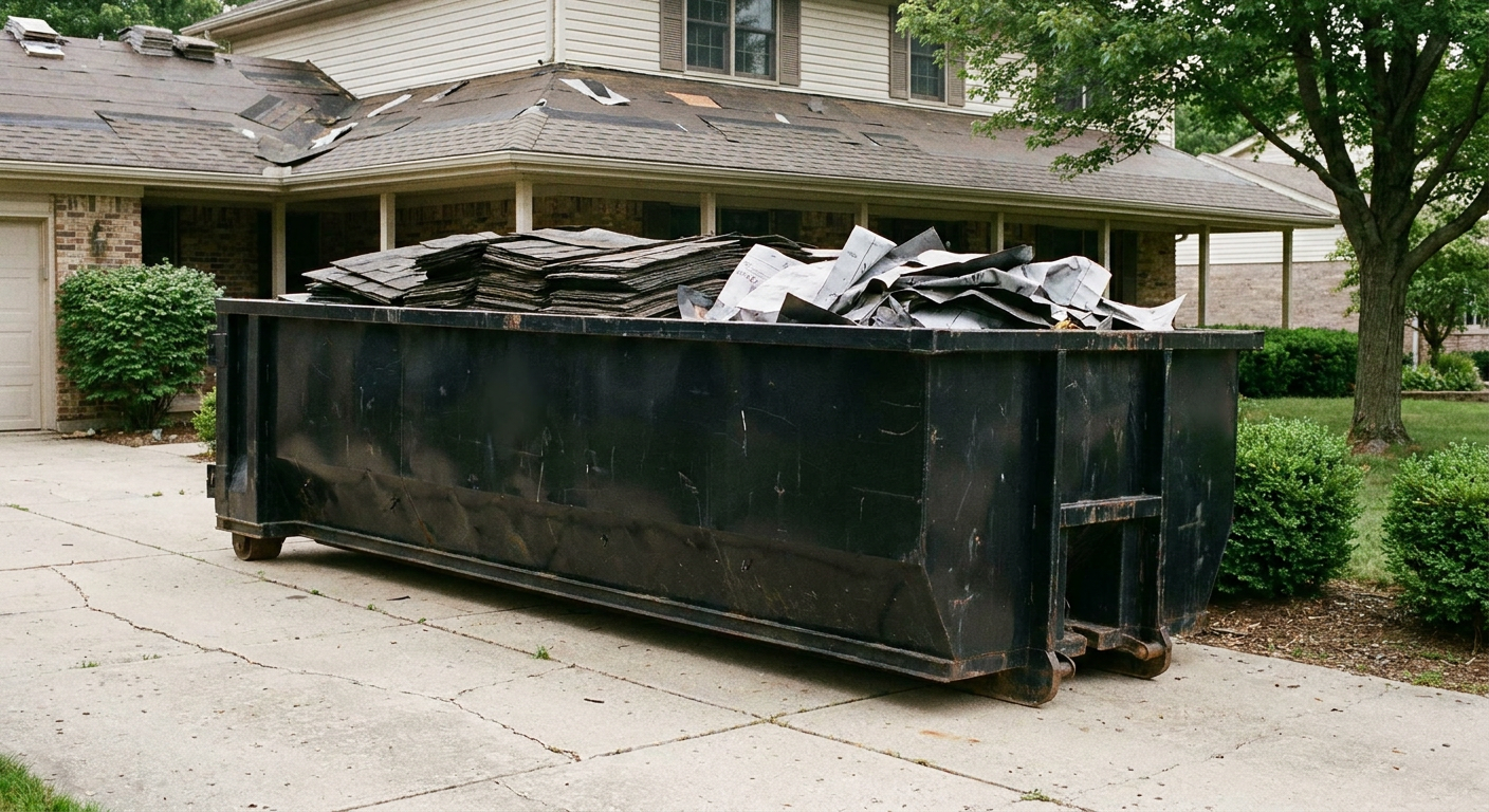 Matte-black 30-yard roofing roll-off dumpster sitting directly on a Ocala concrete driveway, taller ribbed steel side panels, mixed tear-off debris of asphalt shingles and underlayment inside, professional documentary daylight.
