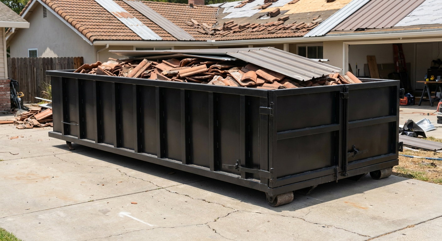 Matte-black low-wall heavy-debris roofing roll-off dumpster sitting directly on a Ocala concrete driveway, broken concrete clay roof tiles and metal panel sections loaded inside, reinforced ribbed steel side walls visible, bright outdoor daylight.