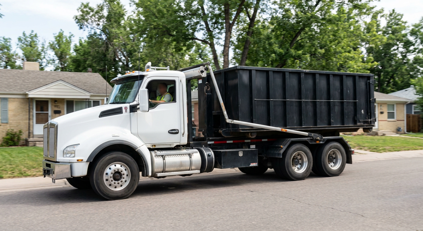 A wide documentary shot of a matte-black roll-off delivery truck pulling onto a quiet Ocala residential street at mid-morning, with neighborhood rooftops and tree-lined blocks visible behind, showing the metro coverage footprint.