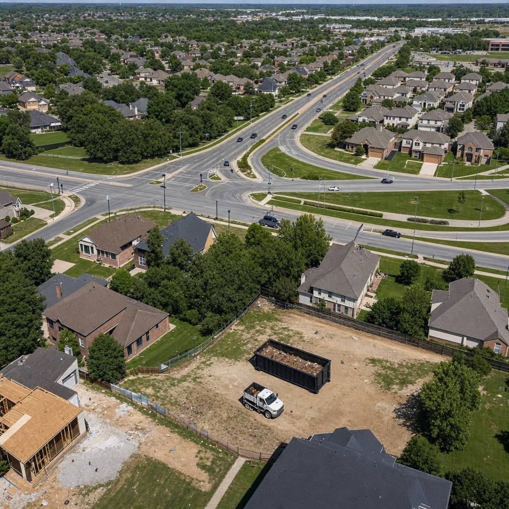 An overhead documentary view of the Ocala metro area at midday, showing the spread of neighborhoods, arterial roads, and the dispatch radius from a central yard — clean daylight, organized geographic layout.