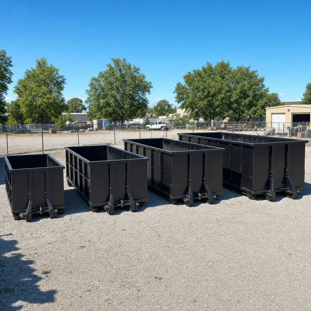A clean lineup of matte-black roll-off dumpsters in 10, 20, 30, and 40-yard sizes staged on a sunlit gravel yard in Ocala, showing the size progression from compact to commercial-scale containers.