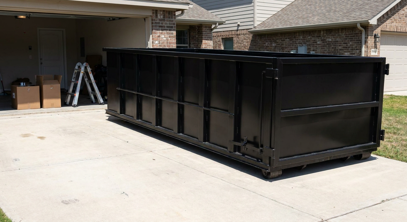 A matte-black 10-yard roll-off dumpster sitting directly on a residential Ocala concrete driveway, mid-day sunlight, clean and ready for a garage cleanout.