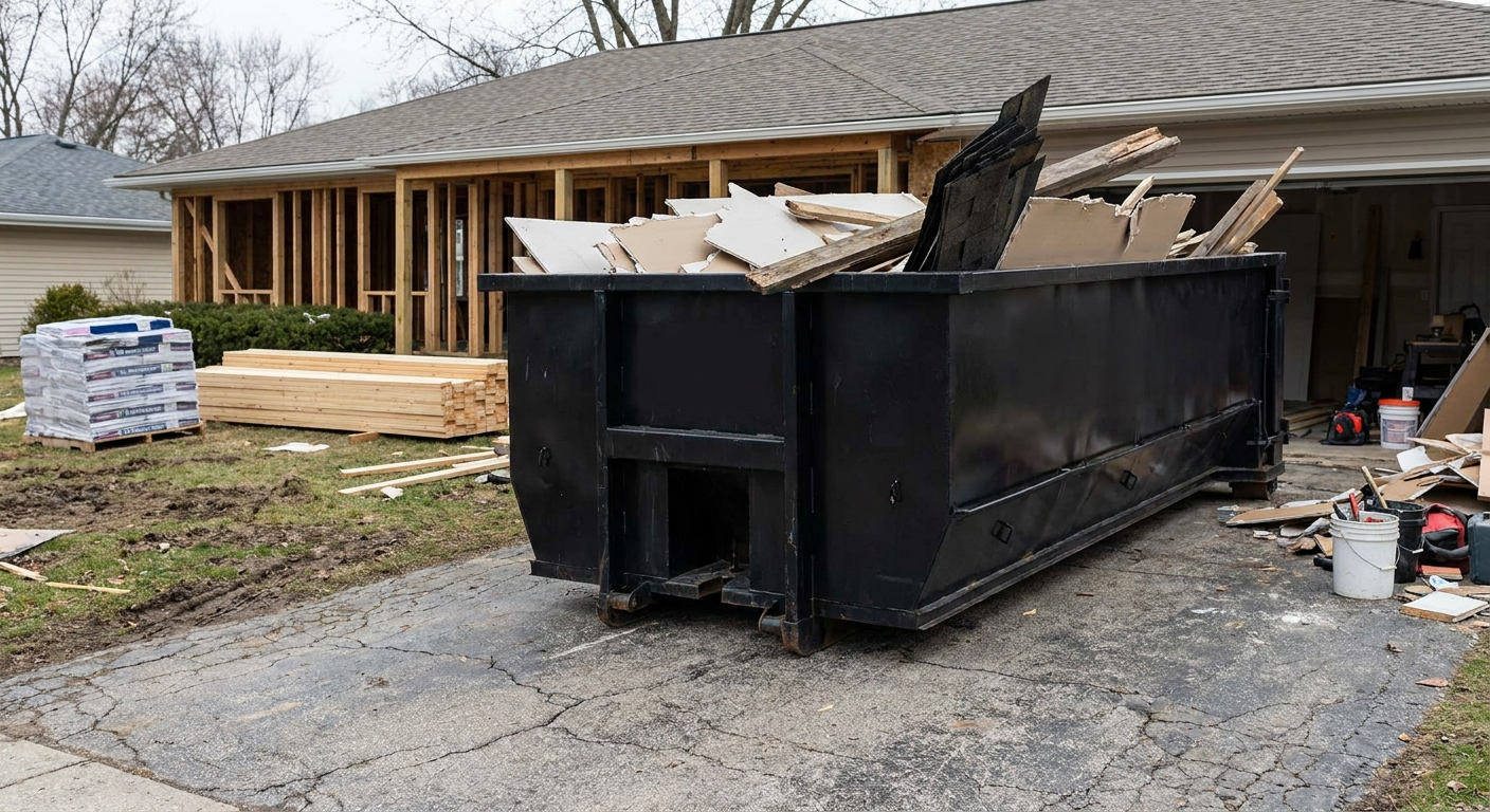 A matte-black 20-yard roll-off dumpster placed alongside a mid-renovation Ocala home directly on the asphalt driveway, with framing materials and torn-off shingles staged neatly nearby.