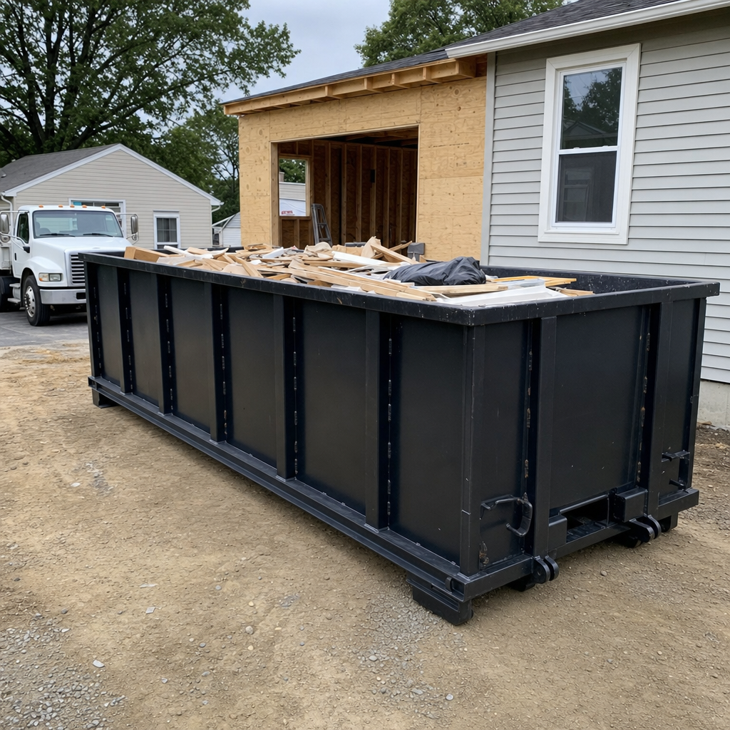A matte-black 30-yard roll-off dumpster positioned at a Ocala residential addition jobsite, with framing lumber and drywall scraps loaded through the open swinging rear doors.