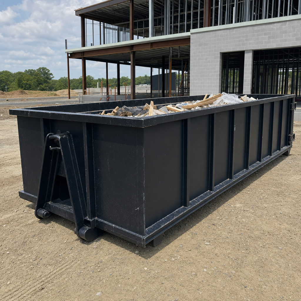A matte-black 40-yard roll-off dumpster staged on a large Ocala commercial construction lot, with a hooklift delivery truck parked alongside under bright midday sky.