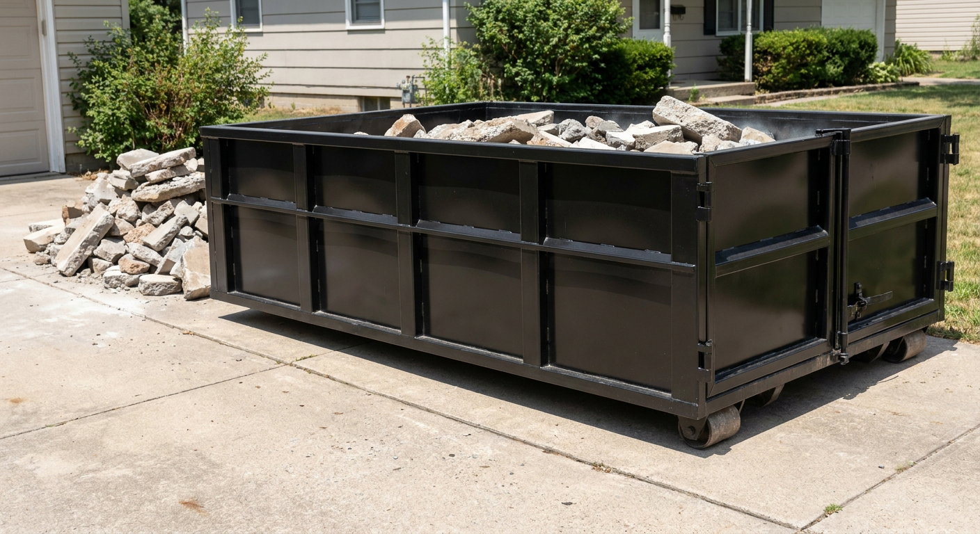 A matte-black low-side heavy-debris roll-off dumpster placed directly on a Ocala concrete driveway, with broken concrete chunks neatly stacked beside it under clean daylight.